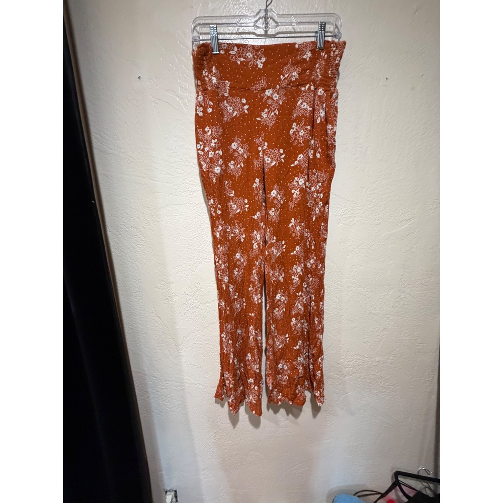 Three Dots Womens Rust Orange Floral Smocked High Waist Wide Leg Palazzo Pants L